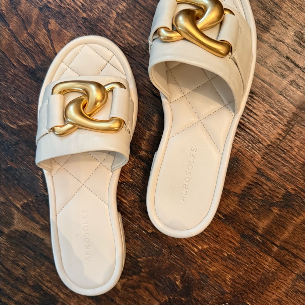 AEROSOLES Women's Cream Slide Sandals with Gold Detail